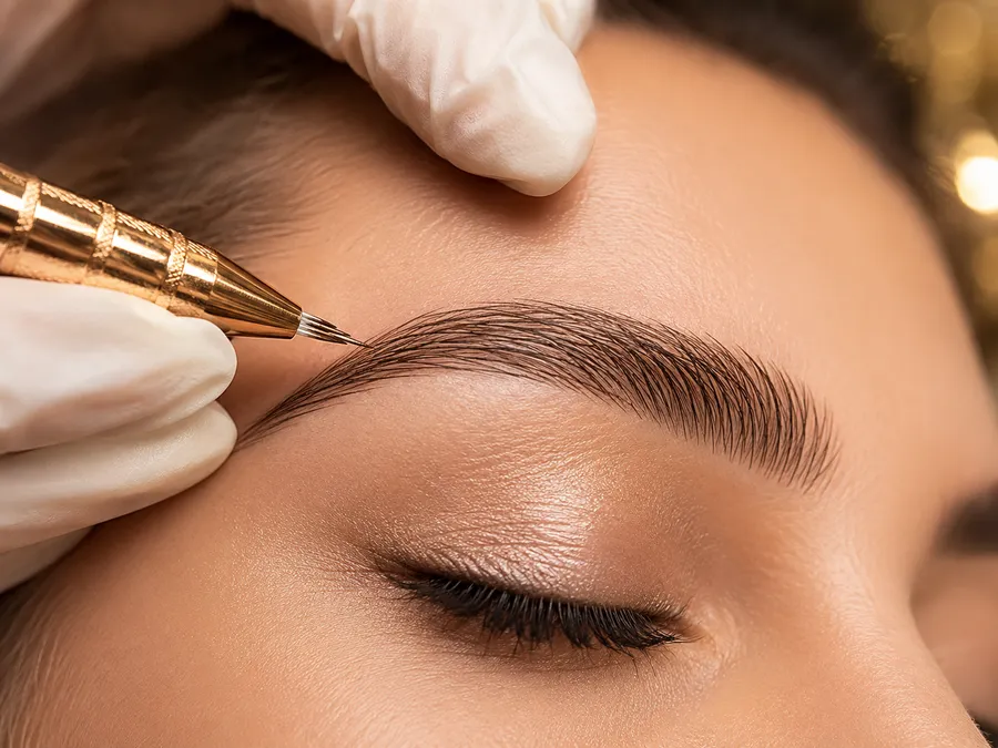 Microblading: feinste Härchenzeichnung an der Augenbraue mit goldenem Pen